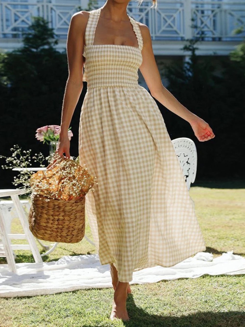 Countryside Plaid Print Halter Criss Cross Long Dress Large NWT - Picture 4 of 4